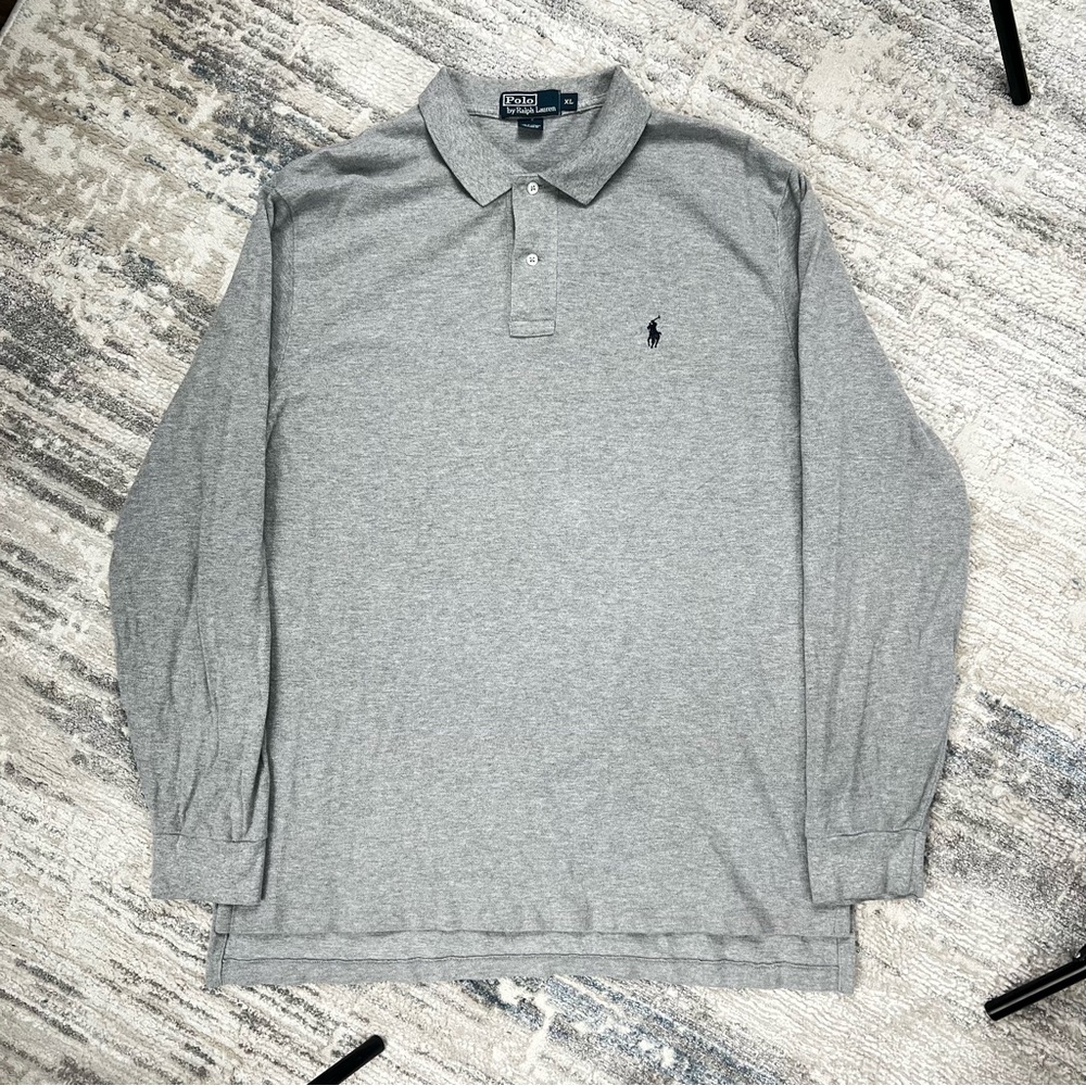 Polo Ralph Lauren Vintage Collared Gray Long Sleeve Polo Shirt Mens XL